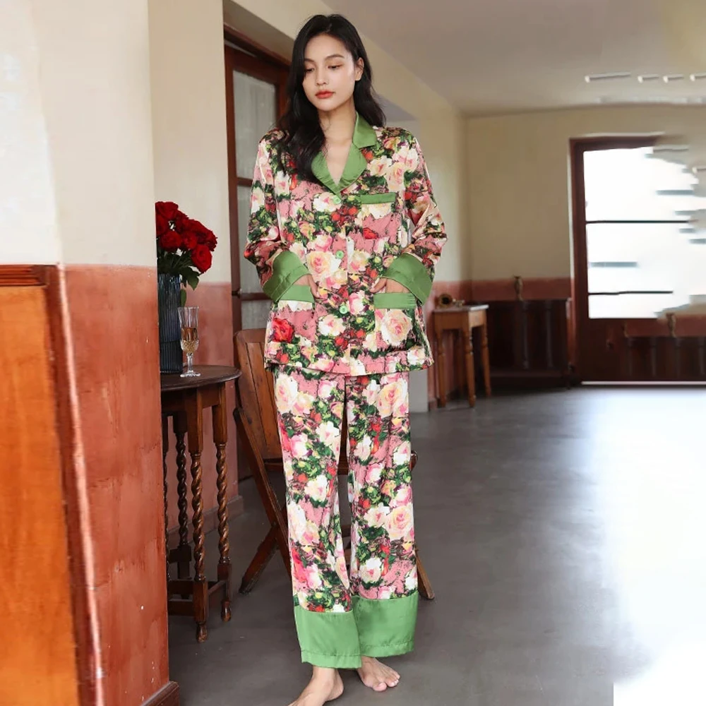 Women's Pajamas Set Floral Printed Silk Satin Loungewear Sleepwear for Women Temperament Pocket 2Pcs Long Sleeves Home Wear