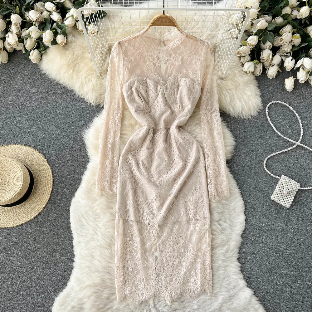 

D425 весна осень 2022 женское Новое модное кружевное платье с круглым вырезом и длинным рукавом элегантное платье с вышивкой