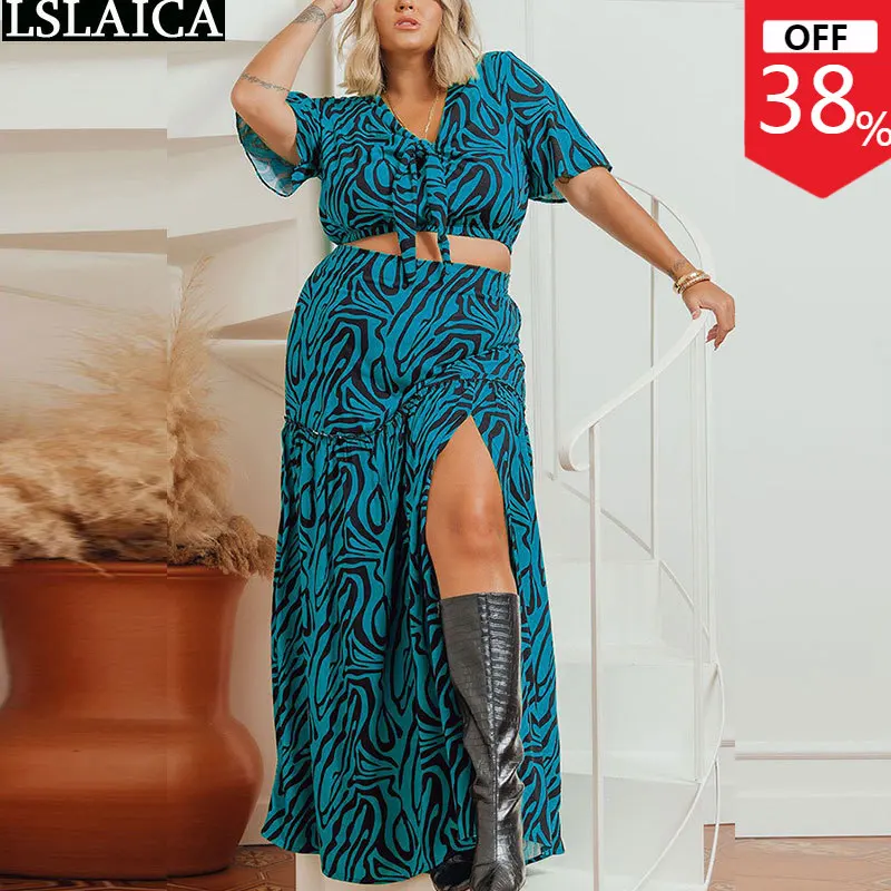 

L-4XL, комплект из двух предметов, женская верхняя одежда, летняя новая модная юбка с принтом, комплект из топа с коротким рукавом и юбки макси, ...