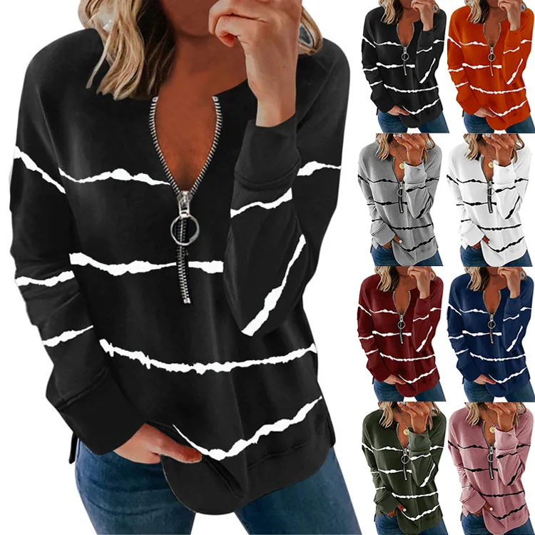

2023 Spring and Autumn Europe and America New Stripe Zipper Print Pullover V-neck Loose Relaxed Long Sleeve Sweater Women's Top