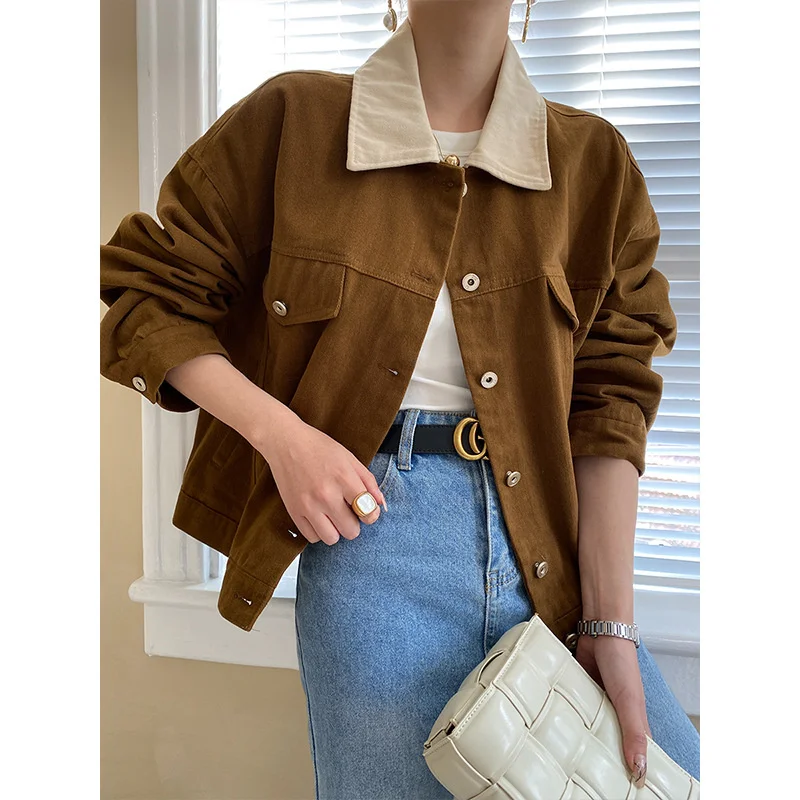 

Women's Colorblock Lapel Denim Jacket Brown Blue Light Crop Tan Jacket