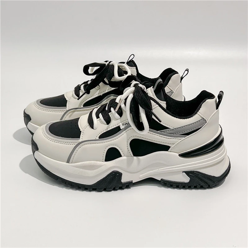 

Женские бежевые массивные кроссовки, дышащая Спортивная обувь на платформе, женская кожаная обувь на шнуровке с толстой подошвой