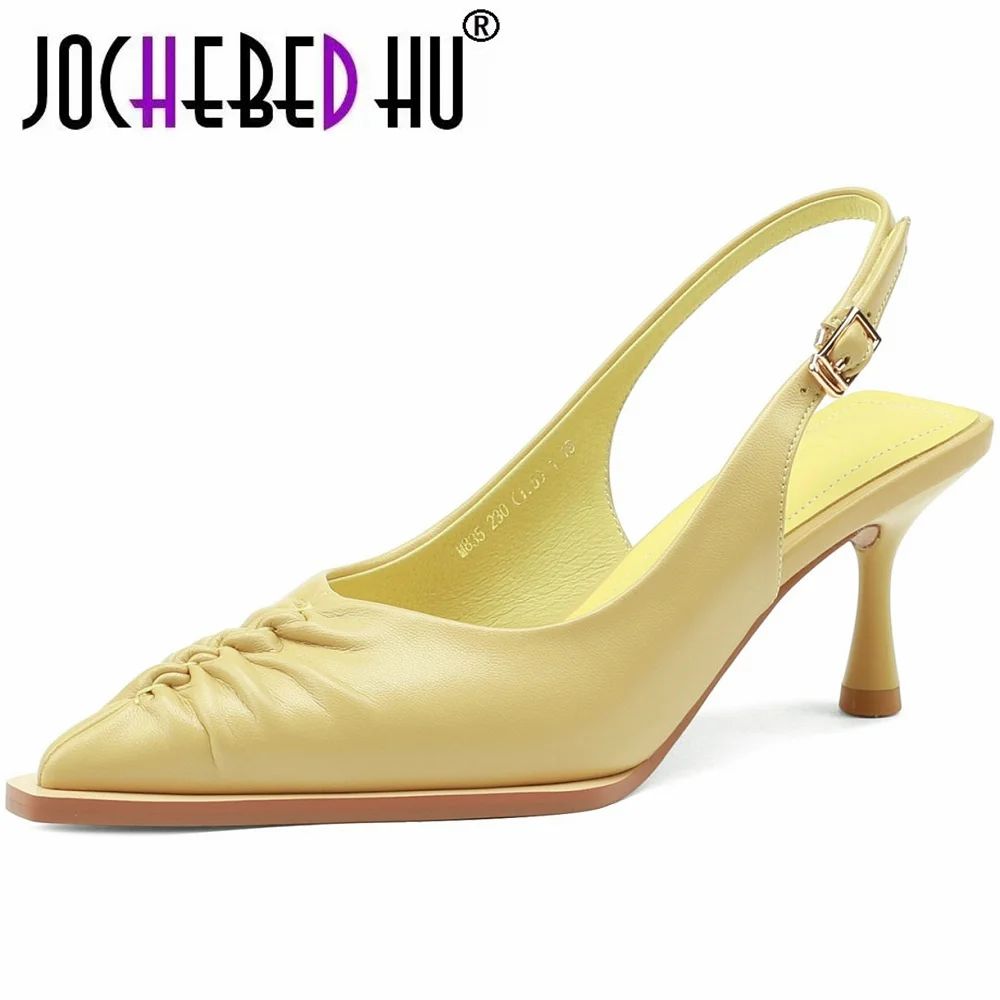 

【JOCHEBED HU】Sexy Pointed Toe Women Sandals Luxury Brand Heel Genuine Leather Ladies Slides Slingback Summer Dress Shoes 33-40