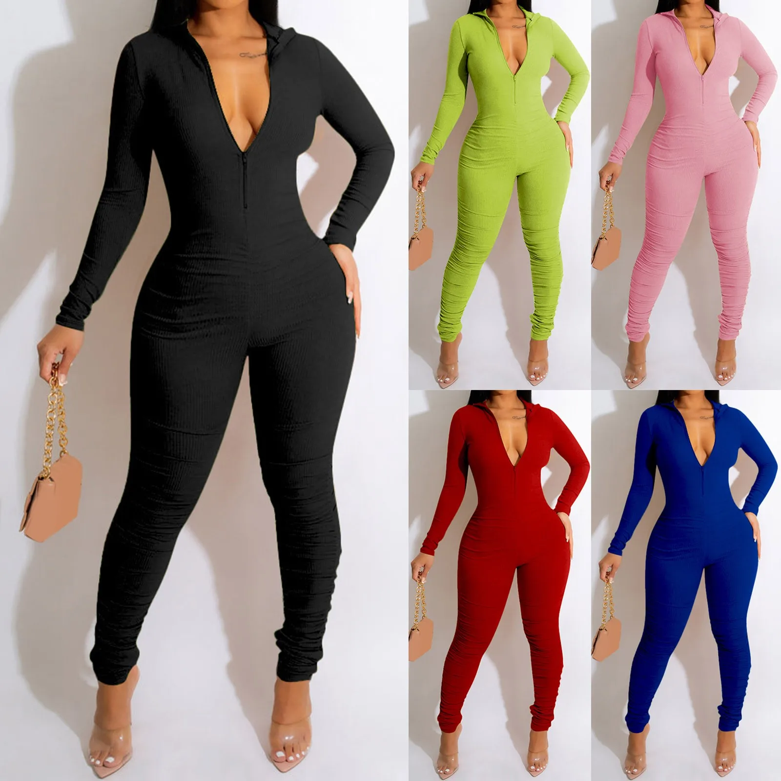 

European And American Women's Clothing And Winter Threaded Zipper V Neck Buttock Lifting Slim Sexy Two Piece Outfits for Women