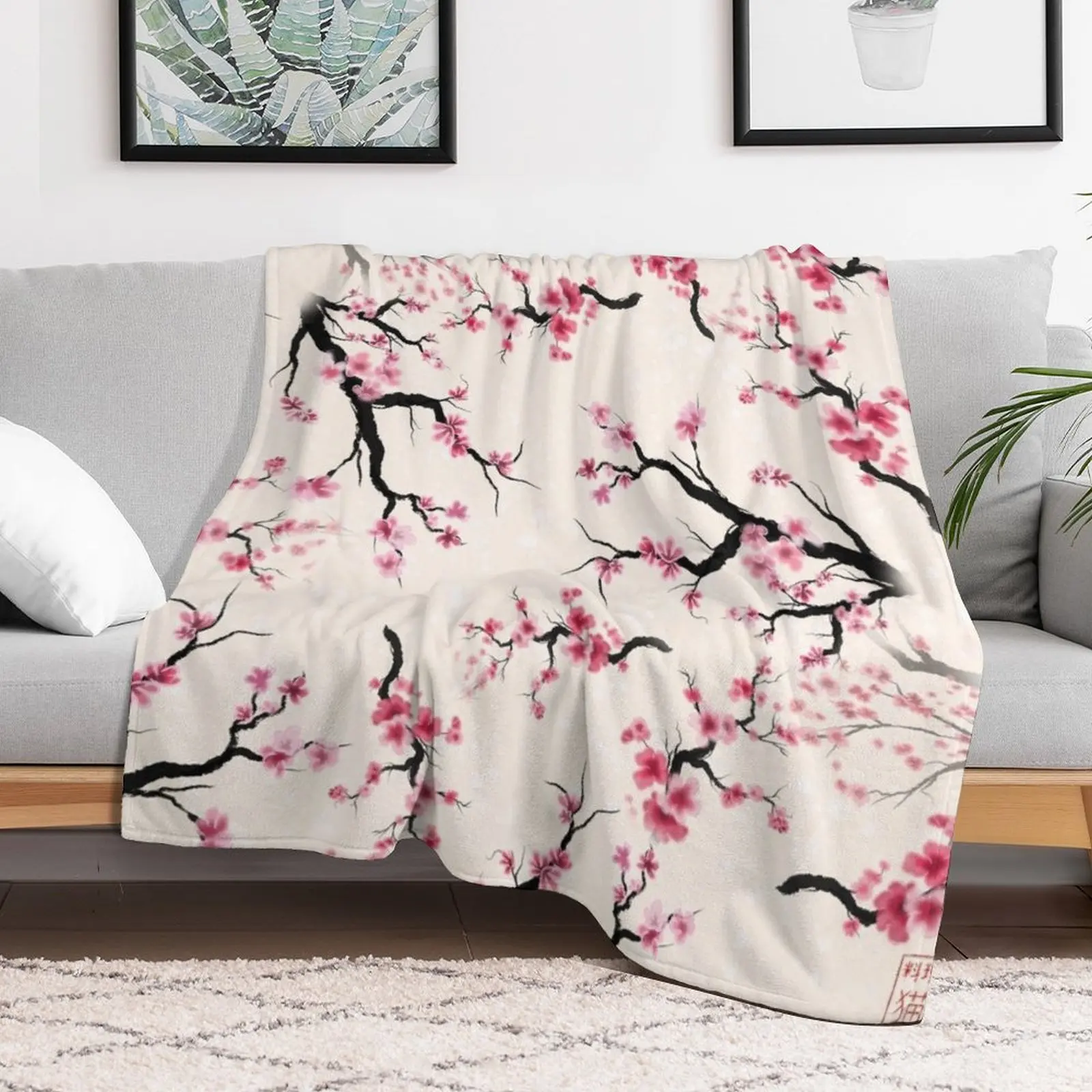 Акварель sumie hanami сакура вишневый узор пледы свободные тонкие покрывала одеяла