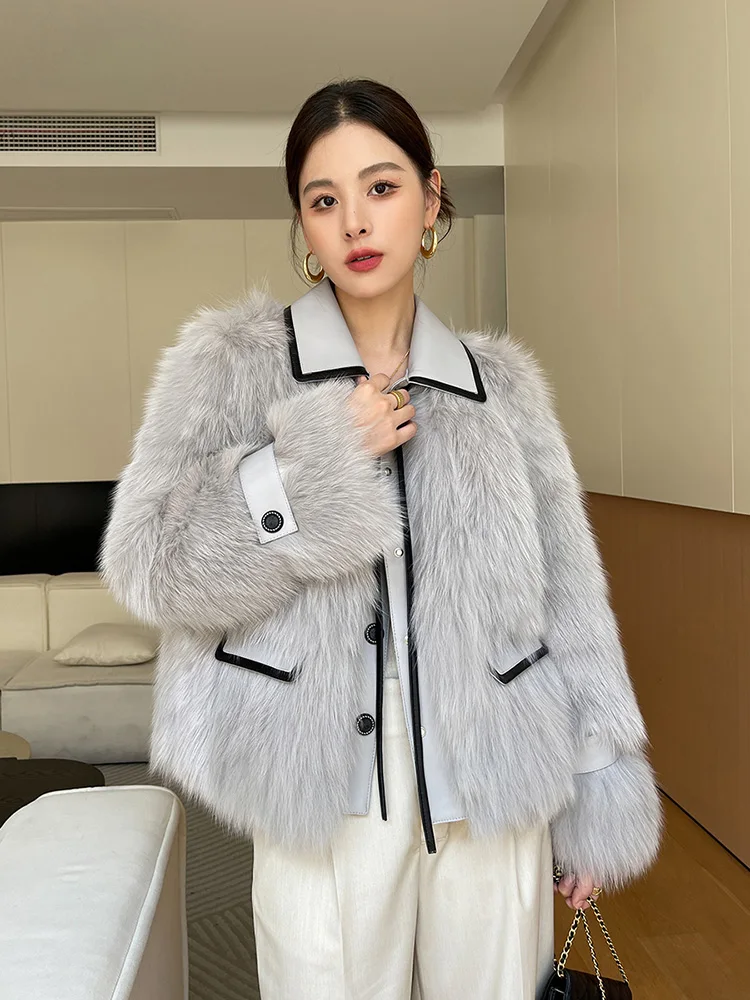 Women Real Fox Fur Coat Autumn Winter Elegant Small Fragrance Style Thick Warm Double-faced Fur Jacket Goose Down Liner Outewear