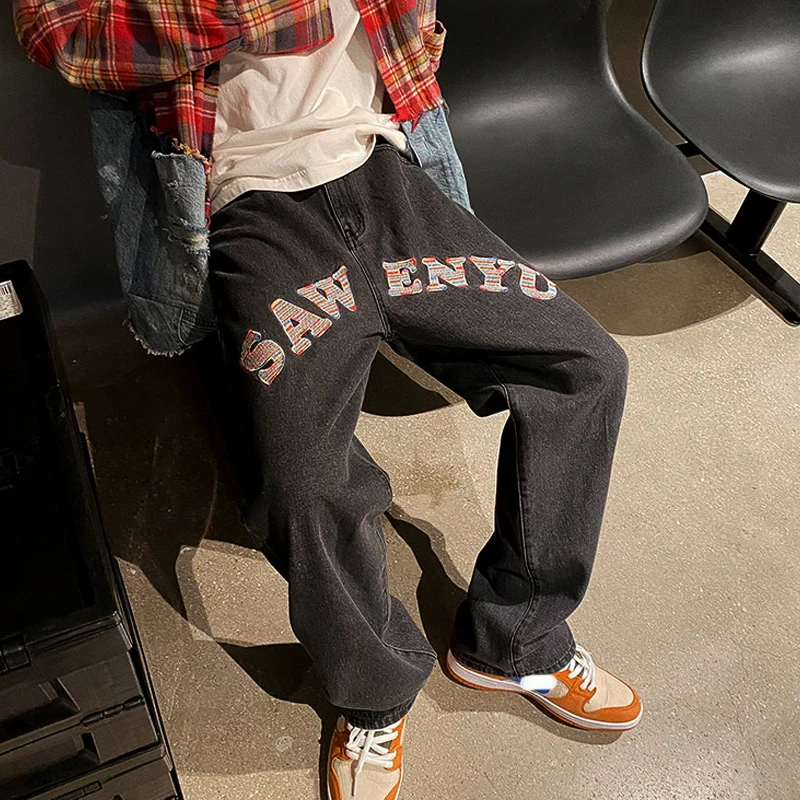 Men's Traf Embroidery Y2K Fashion Clothing Designer Streetwear Miod Waist Mopping Denim Trousers Pants Jeans For Men Teenagers