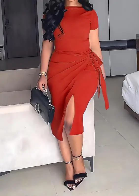 

2 Piece Sets Women Outfits Summer 2023 Casual Short Sleeve Boat Neck Top & Elegant Tied Detail Slit High Waist Midi Skirt Set