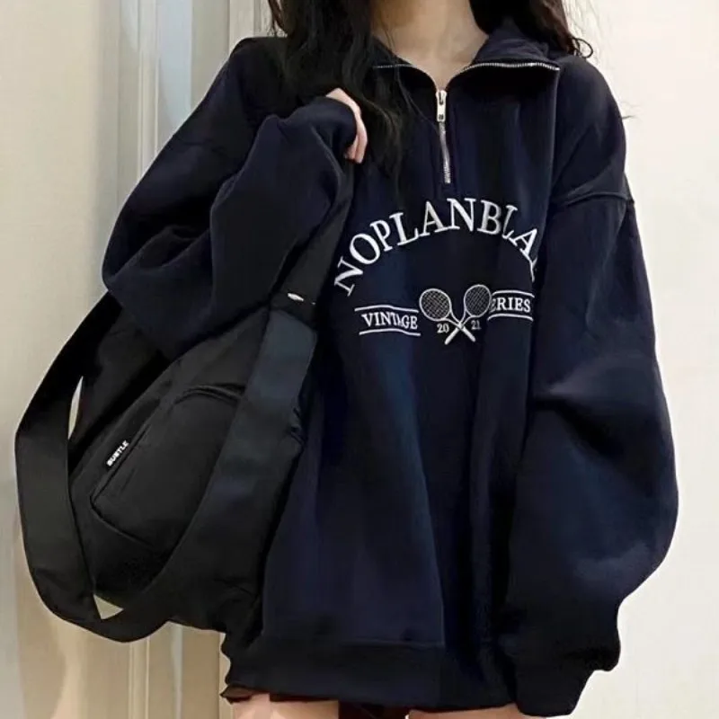 

Half Zip Lapel Lettering Oversize Sweatshirt for Women Autumn New Harajuku Loose Long Sleeve Vintage Top Streetwear Women