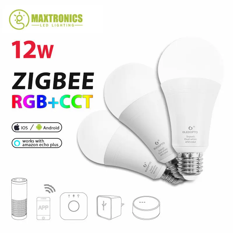 

Светодиодная лампа ZIGBEE E27, 12 Вт, RGB + CCT, 96 - 265 В переменного тока, двойная регулируемая светодиодная лампа белого и цветного цветов, RGBW RGBWW, работает с alexa и телефоном