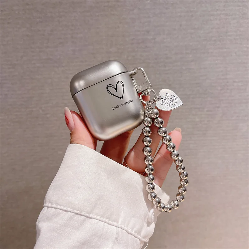 

Matte Silver Electroplated Beads Heart Case for Apple AirPods 1 2 3 Pro Case Cover IPhone Bluetooth Earbuds Accessories