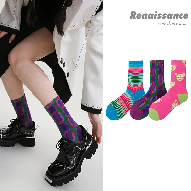 WYXCEN 3 Pairs/Set Women's Socks Rainbow Striped Mid-tube Socks Women's Combed Cotton Ins Personality Tide Brand New Women Socks