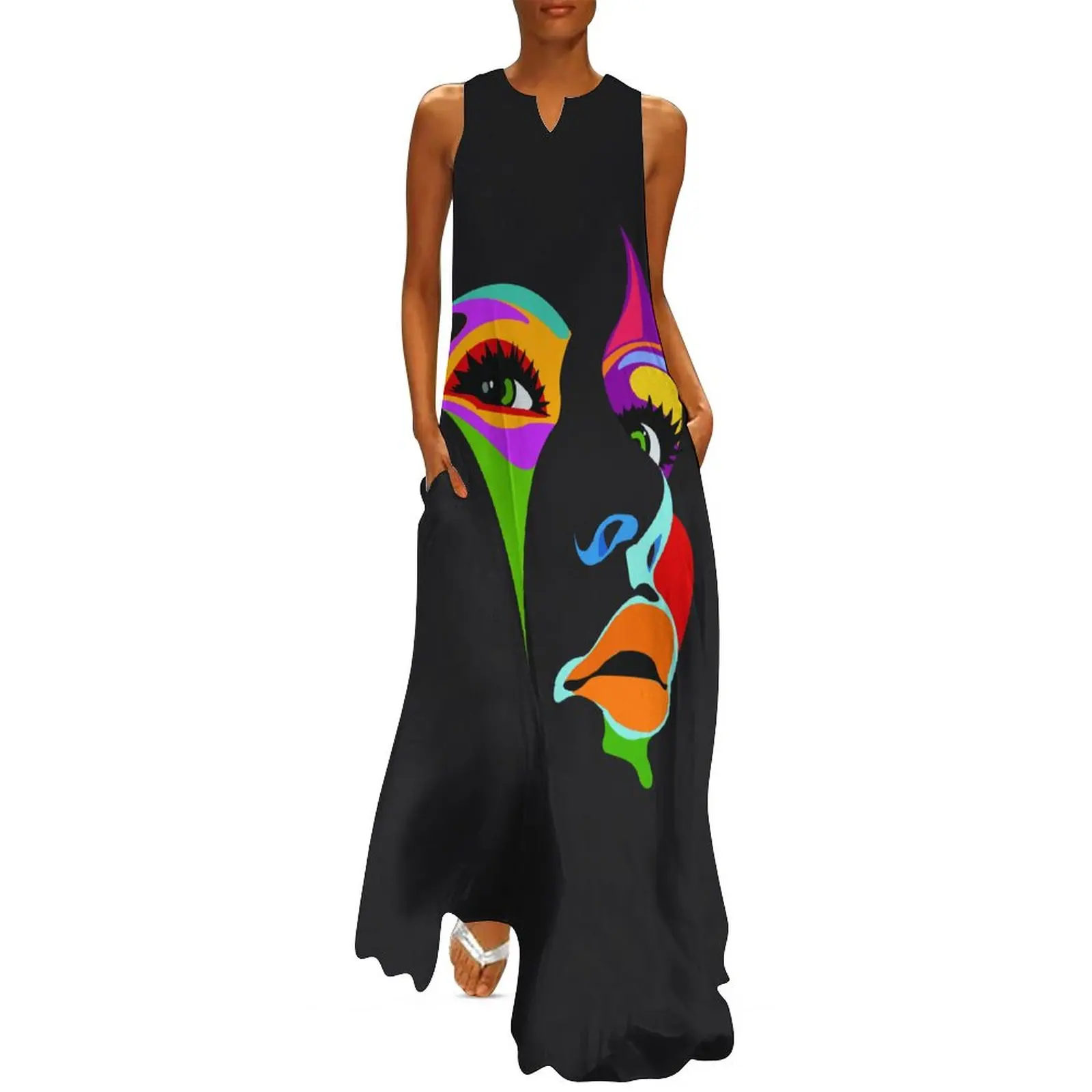 

Colorful Women Head Dress Abstract Print Elegant Maxi Dress Street Style Casual Long Dresses Sleeveless Print Oversized Vestidos