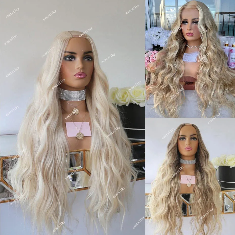 Ombre Ash Platinum Blonde Glueless Body Wave U Part Wig 100% Human Hair Highlight 613 Silver White Loose Wavy  Full Machine Made