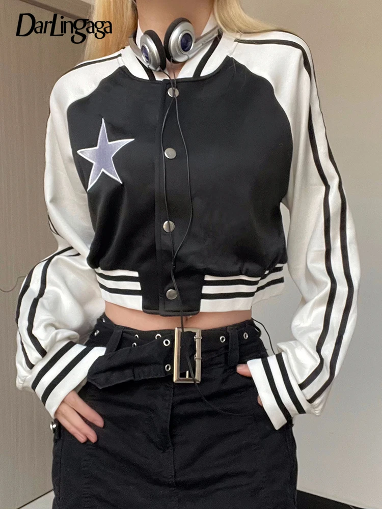 

Darlingaga Harajuku Stripe Patchwork Autumn Jacket Women Star Embroidery Buttons Up Cropped Coat Contrast Preppy Style Outwear