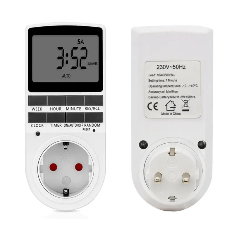 

Electronic Digital Timer Switch EU Plug Kitchen Timer Outlet 230V 50HZ 7 Day 12/24 Hour Programmable Timing Socket