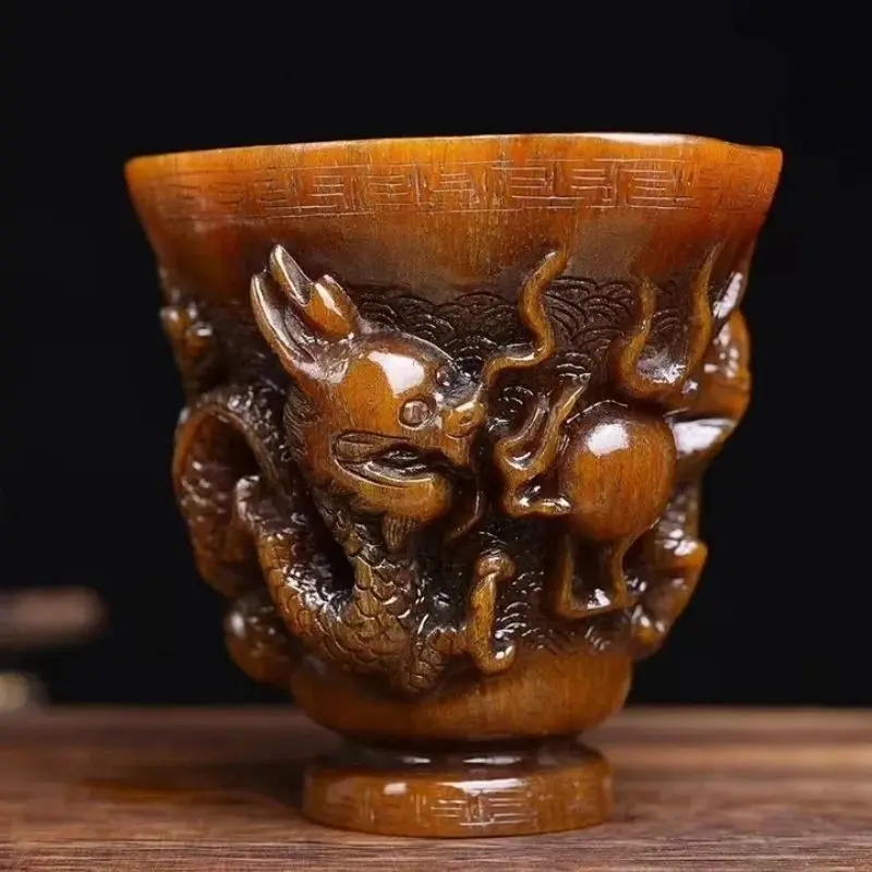 1Pcs Natural Animal Bone Horn Artificial Carving Dragon Cup Carving Decoration Tea Health Cup Play Gift Old Objects Collection