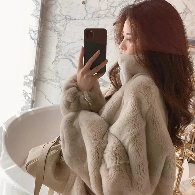 Faux Fur Coat Women's 2022 Autumn and Winter Loose Imitation Rex Rabbit Fur Plus Velvet Thick Stand Collar Zipper Sweater Plush