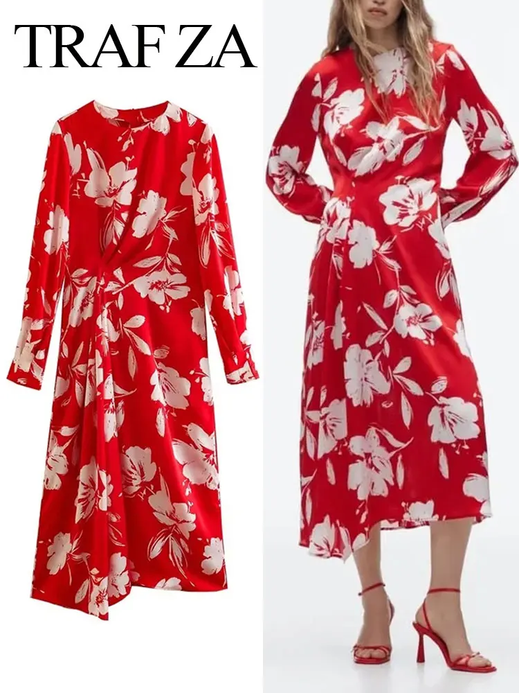 

TRAFZA Women Floral Print Red Dress Elegant Long Sleeve O Neck Back Zipper Midi Dresses Female Slim Asymmetric Dress Mujer