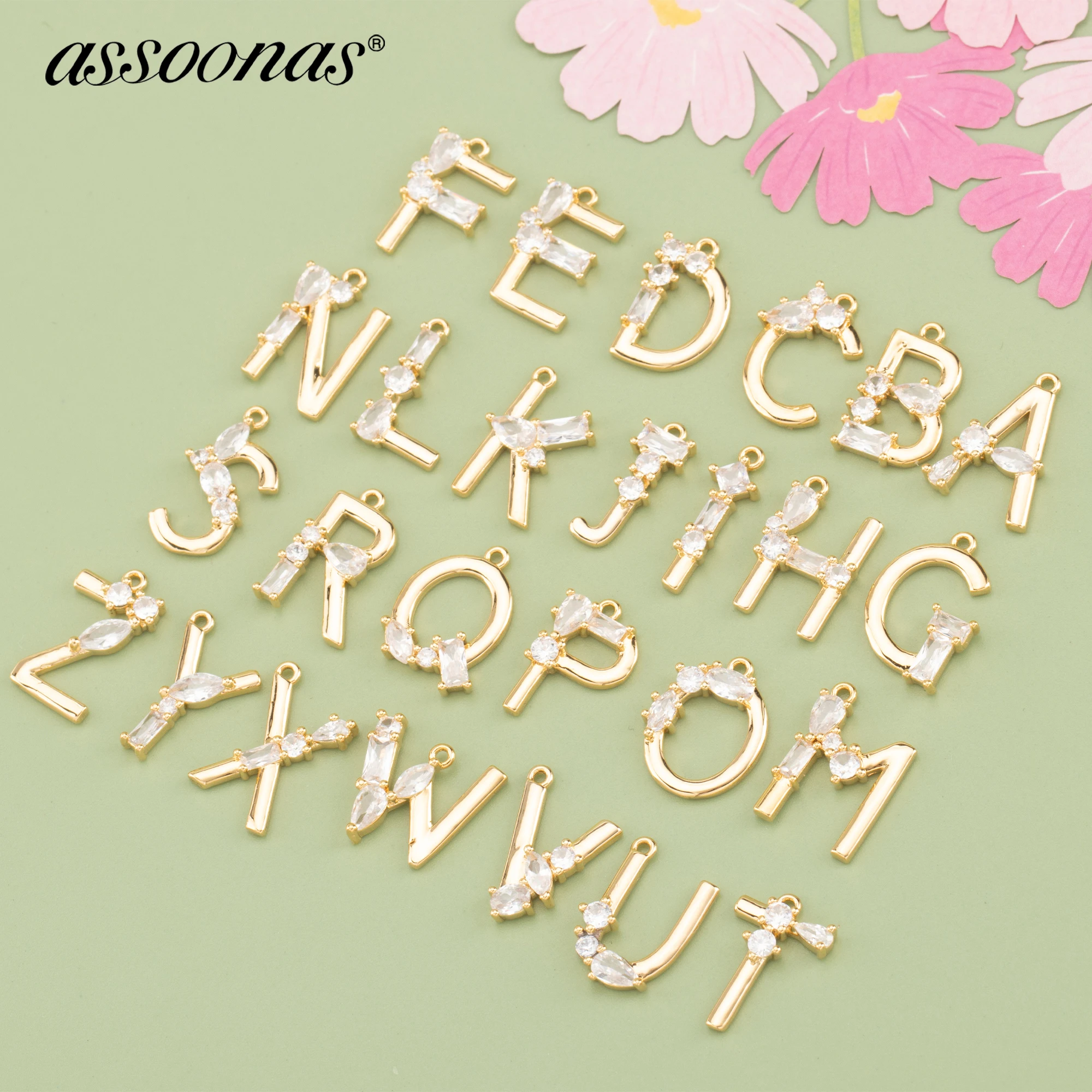 

assoonas MA96,18k gold plated,letter pendants,copper metal,charms,zircon,nickel free,jewelry making,6pcs/lot