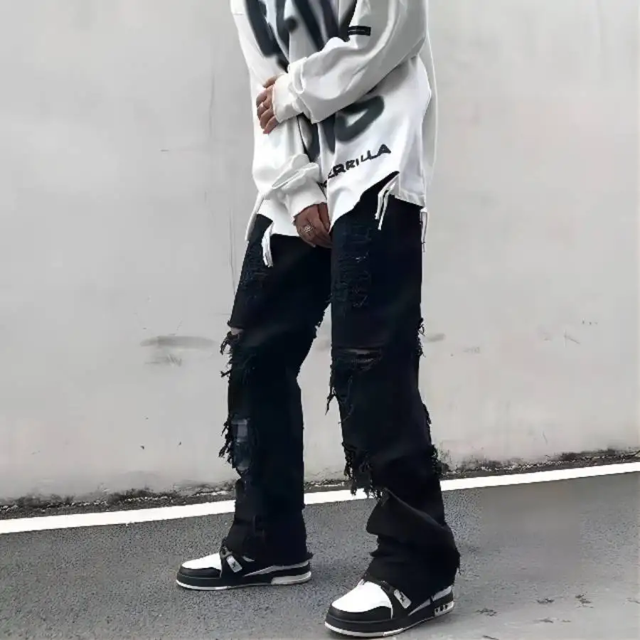 

High Street Ripped Denim Jeans Men Black Fashion Casual Straight Pants Harajuku Hip Hop Punk Gothic Pants Trousers Sweatpants