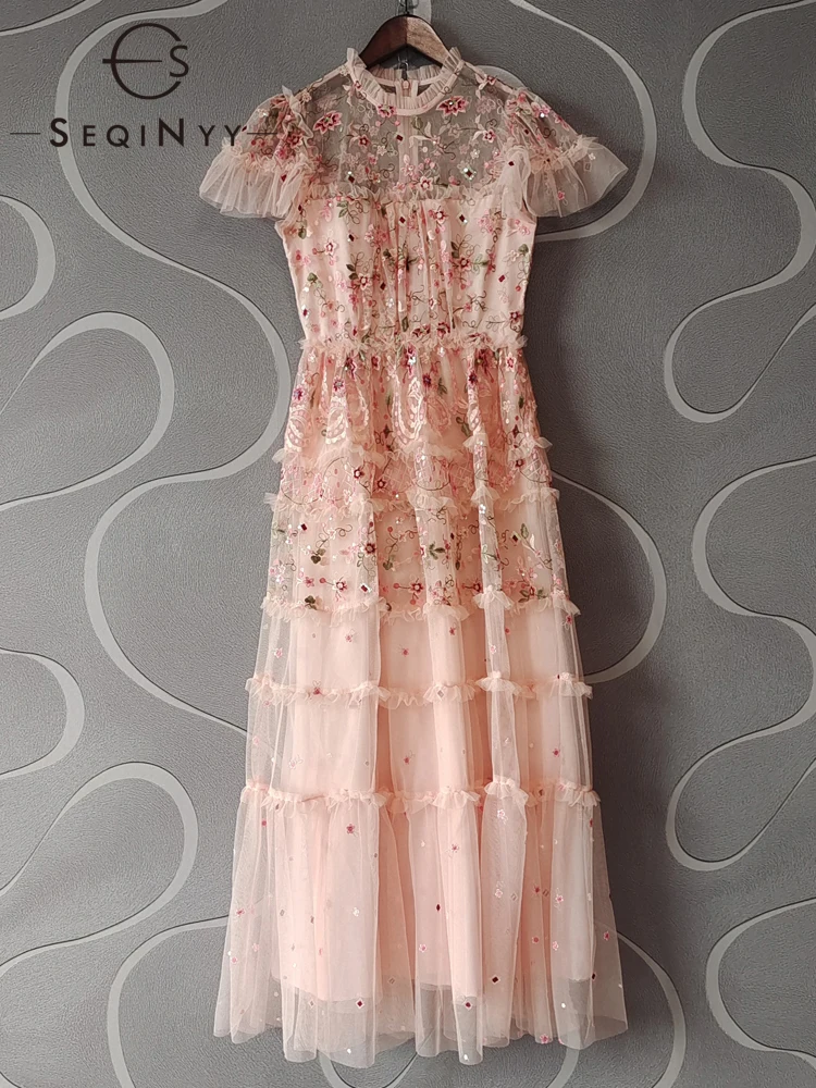 SEQINYY Elegant Long Dress Summer Spring New Fashion Design Women Runway High Quality Embroidery Flowers Sequins Mesh A-Line