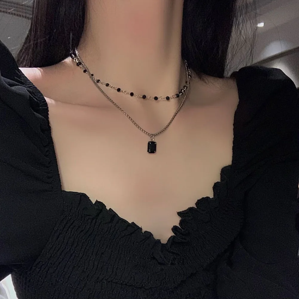 

New Choker Necklace for Women Jewelry Double Layer Black Beads Necklace Gift for Friend Silver Color Geometric Necklaces Choker