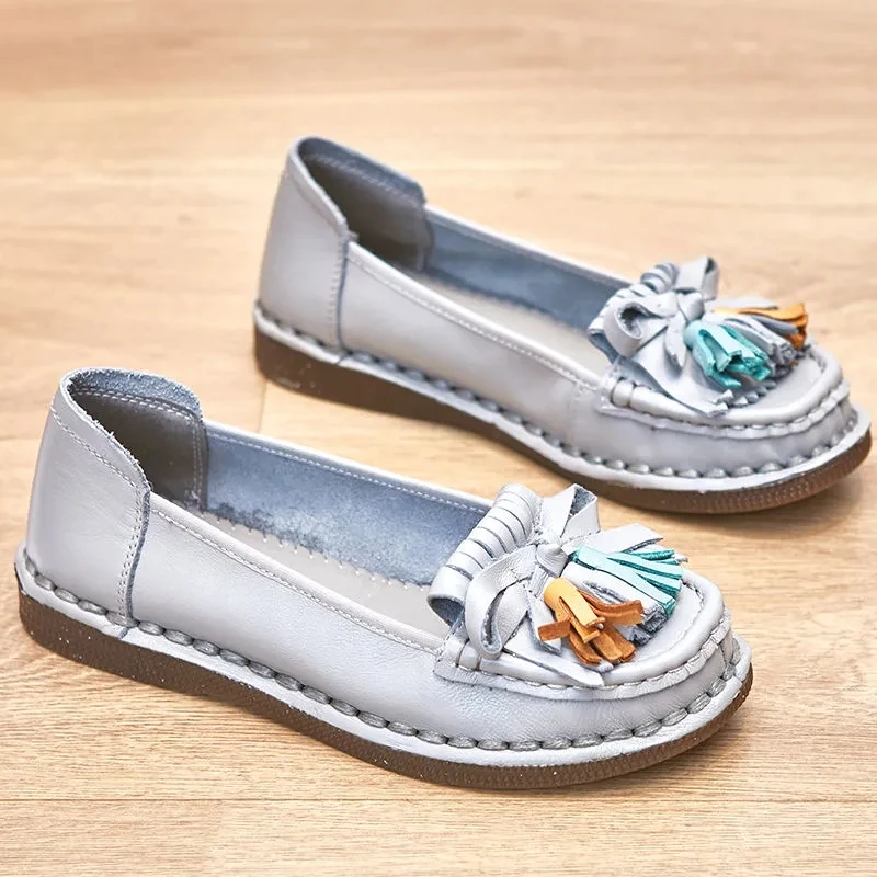 Genuine Leather Shoes for Women Spring Autumn Female Casual Loafer Mom Ladies Comfortable Tassels Classic Leisure Flats Shoes