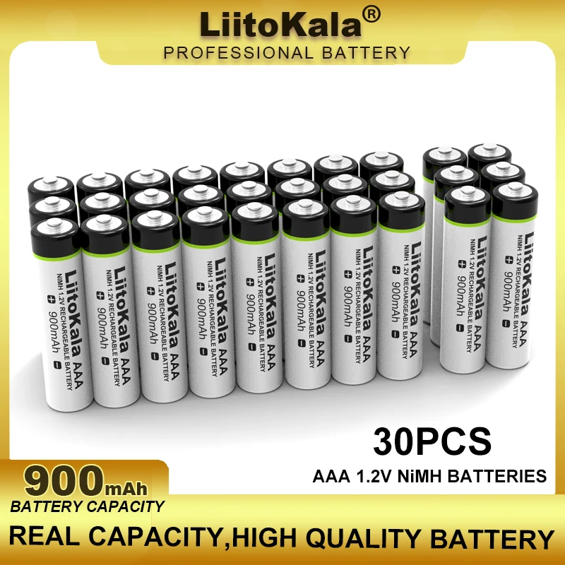 

30 шт., перезаряжаемые аккумуляторы LiitoKala AAA NiMH 1,2 в, 900 мАч, подходят для игрушек, мышей, электронных весов и т. д.
