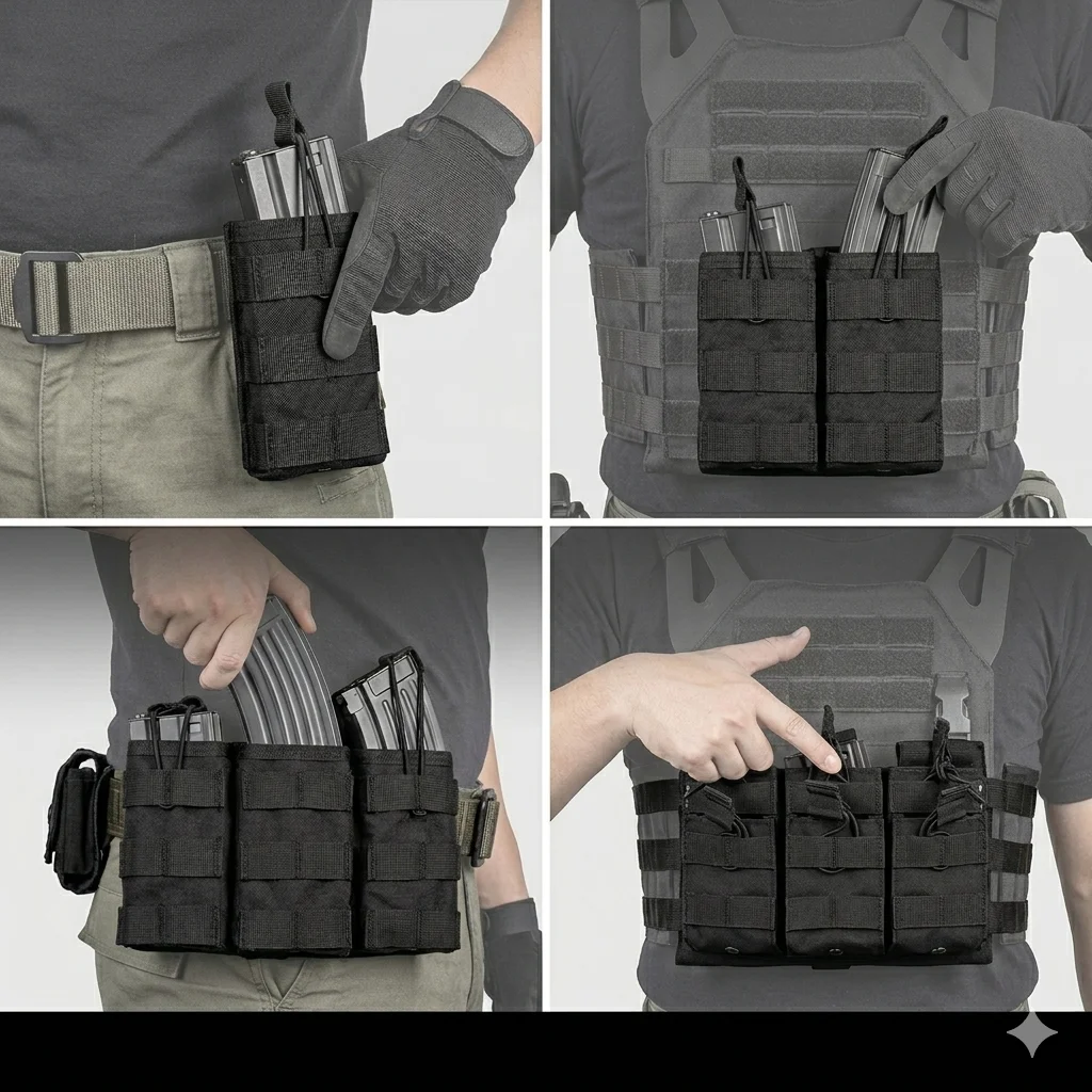 Фото Подсумок для магазинов 5.56 (одинарный, двойной, тройной, шестиместный) для AR15, M4, 5.56, AK, 7.62. Подсумок-кобура Molle для страйкбольных магазинов AEG, GBB. №5