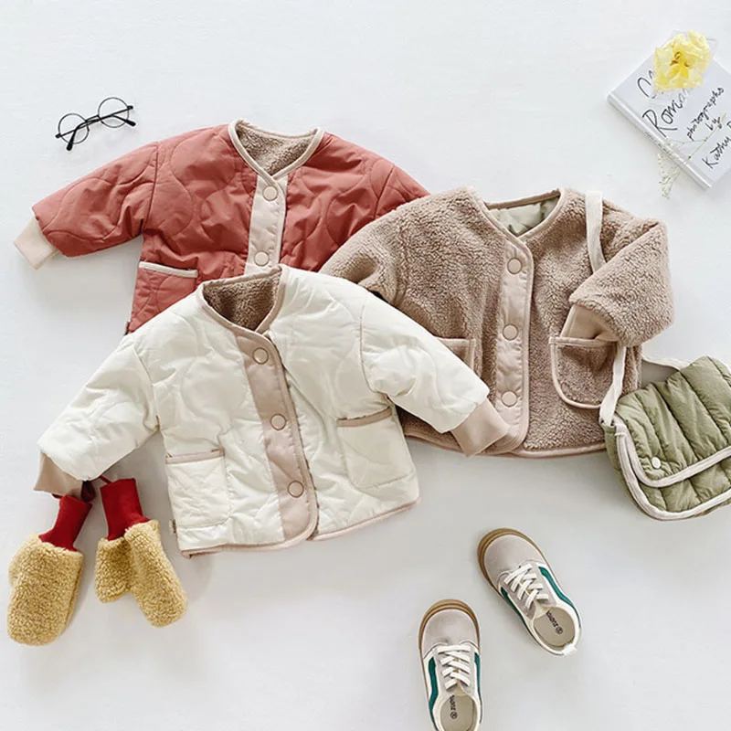 

2021 Korean Coats for 1-4Y Toddler Baby Boy Casual Jacket Fleece Winter Infant Girls Coat Two Sides Down Casual Outerwear