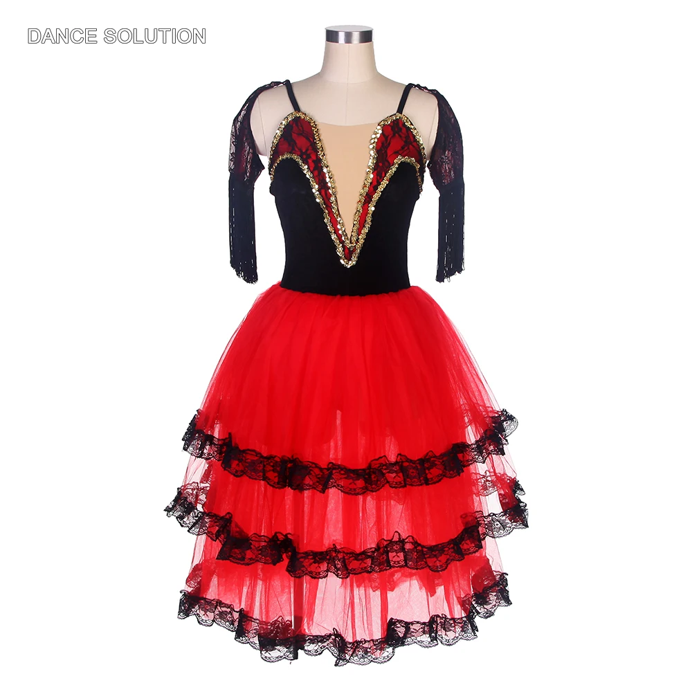 

Red Ballet Performance Tutu Dress Middle Sleeves Spanish Dress Adult Kids Professional Ballet Stage Competition Costumes 19023