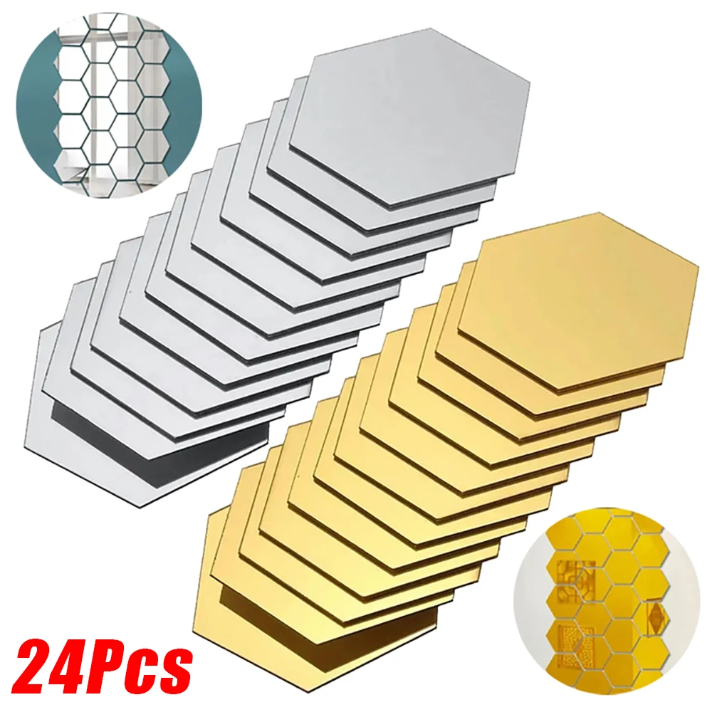 

24Pcs 3D Mini Mirror Wall Stickers Acrylic Self Adhesive Removable Hexagon Wall Decals Living Room Bedroom Art Mirror Ornaments