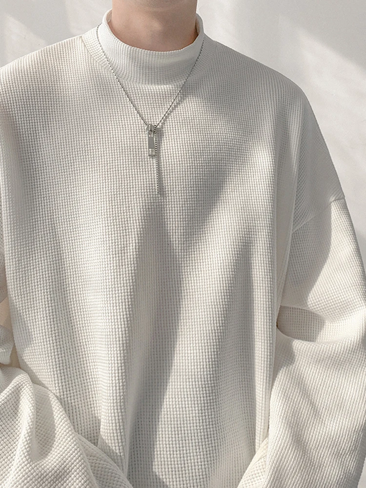 

Men Sweatshirts Waffle Half Turtleneck Oversized Clothes Pullover Vintage Premium Solid Color Men's Hoodies Autumn Winter E110