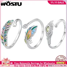 WOSTU 925 Sterling Silver Adjustable Feather Open Ring Colorful Enamel Daily Finger Rings For Women Original Fine Jewelry Gift