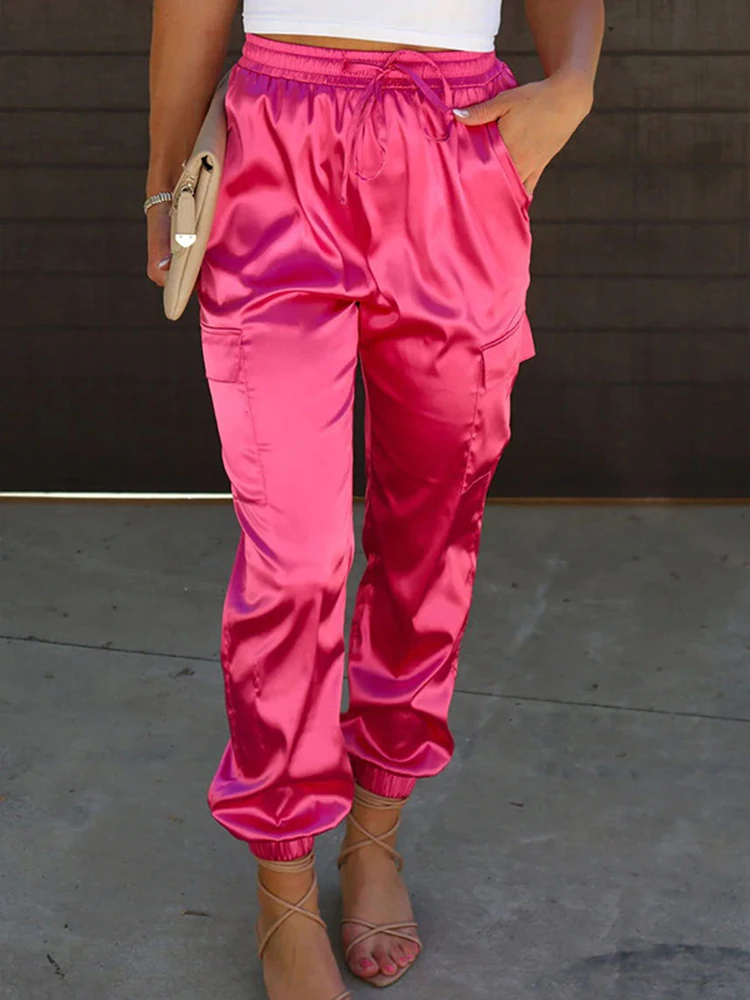 

Summer Jeans Sexy Fashion Women Female Sport Fitness Outfits 2023 Satin Long Pants Tracksuit Pockets Pencil Pants Legging H172
