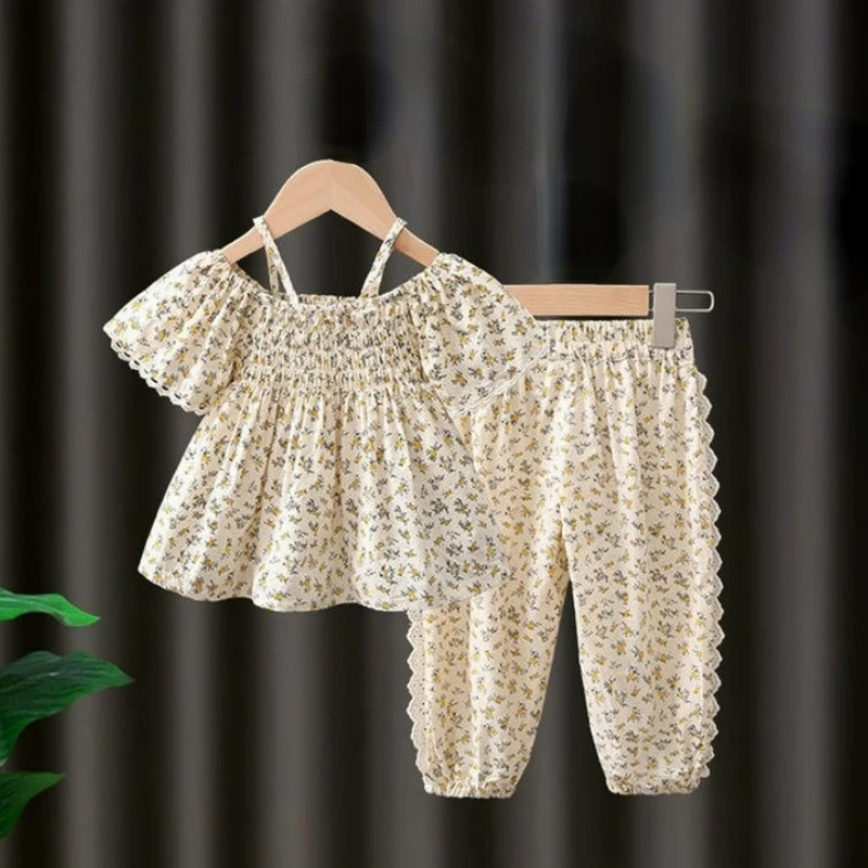 

Two-Piece Children's Clothing Sets Summer New Floral Short Sleeve Tops+Lace Pants Suit Fashion Kids Girls Boutique Outfits 1-6Y
