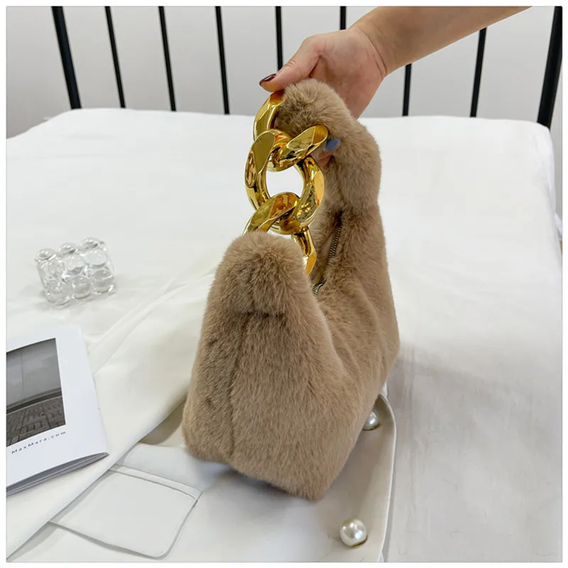 Winter Warm Bag Pink Blue Faux Fur Top Handle Purse Metal Chain Half Moon Design Women Clutch Evening Bag Small Phone Handbag