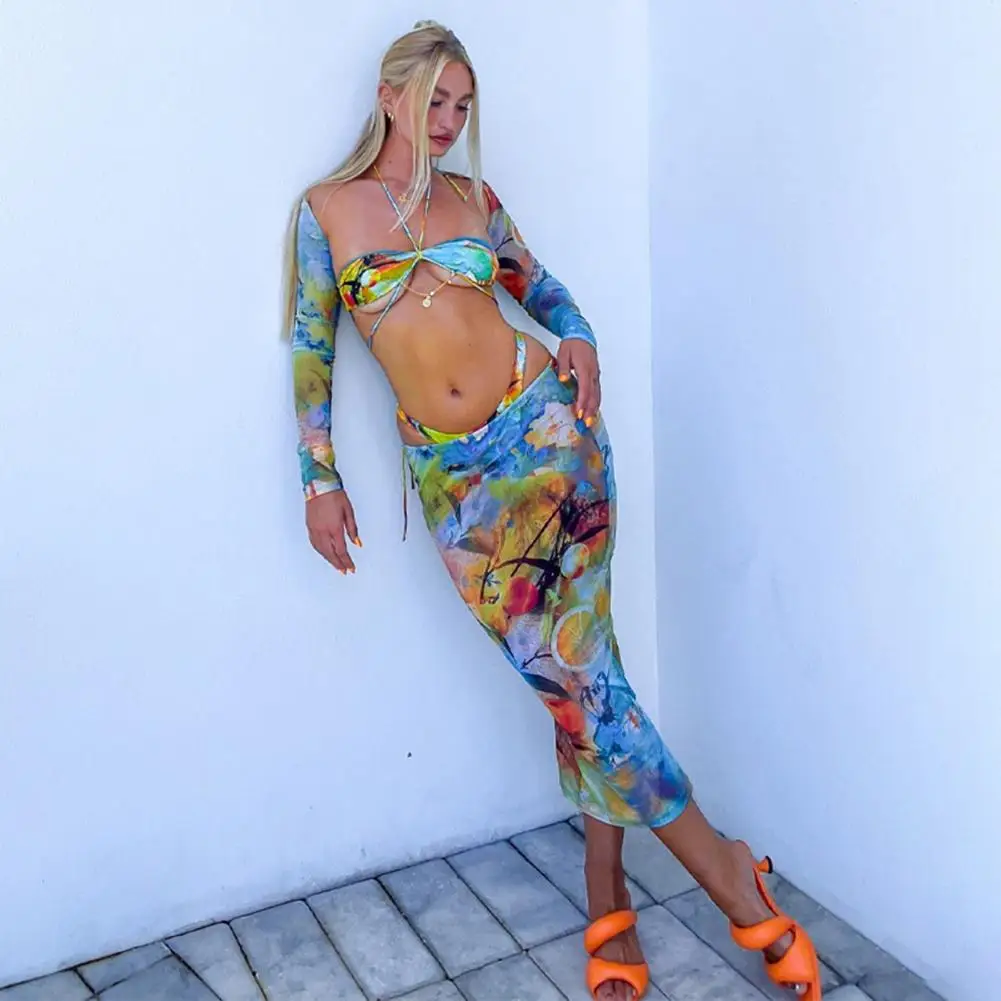 

4 шт./комплект, Женский комплект бикини с принтом и длинным рукавом