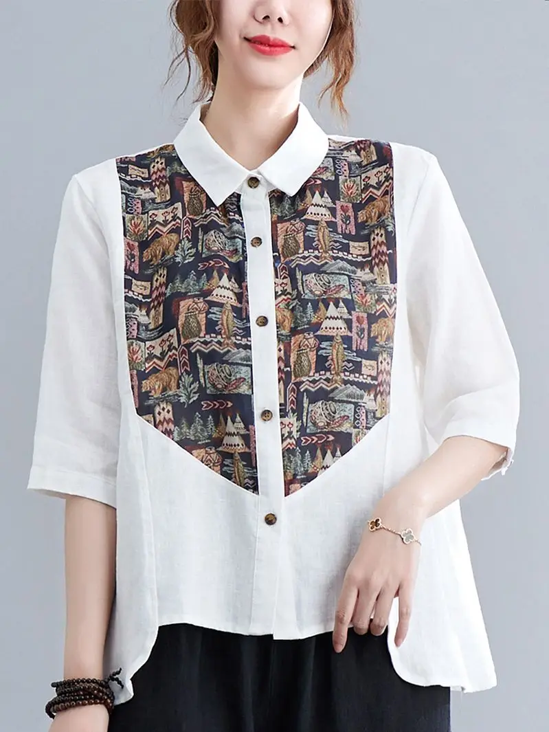 

Рубашка женская оверсайз из хлопка и льна, повседневная однобортная блуза свободного кроя в винтажном стиле, с принтом в стиле пэчворк и пол...