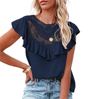 women shirts ruffles lace tops casual boho short sleeve summer oversized blouse vintage solid o neck loose ladies blouses