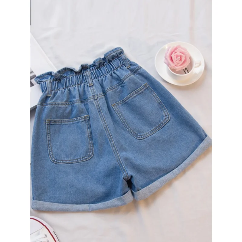 Summer Black Women's Denim Shorts Large Size 5XL Ruffle White High Waisted Shorts Elastic Waist Jeans for Women
