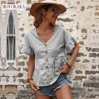 movokaka fashion ruffles woman t shirts 2022 summer holiday casual short sleeve tops patchwork t shirt slim button t shirt women