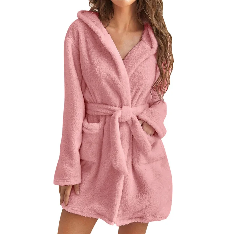 

Женские халаты с длинным рукавом и карманами на талии, однотонные зимние пижамы, зимний теплый флисовый короткий халат с капюшоном, женский халат для сна
