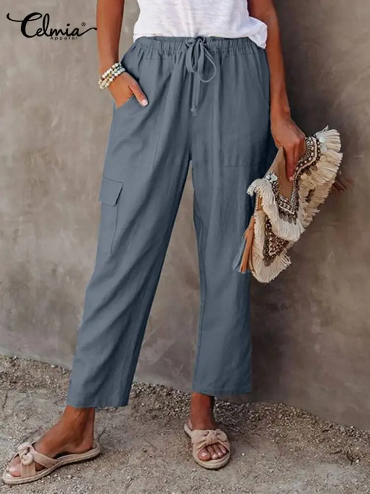 

Celmia Women Vintage Cargo Pants 2022 Summer Casual Elastic Waist Bandage Long Trousers Fashion Streetwear Pockets Capris Femme