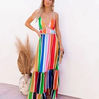 sexy deep v neck rainbow printed striped dress women casual long dress suspender backless maxi dress woman summer sundress robe