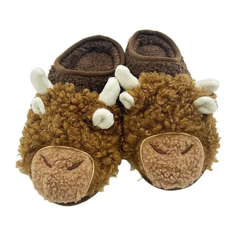 

Plush Cow Slippers Cartoon Scottish Fluffy Cow Slippers Brown Highland Cow Design Indoor Slippers for Dining Room Living Room