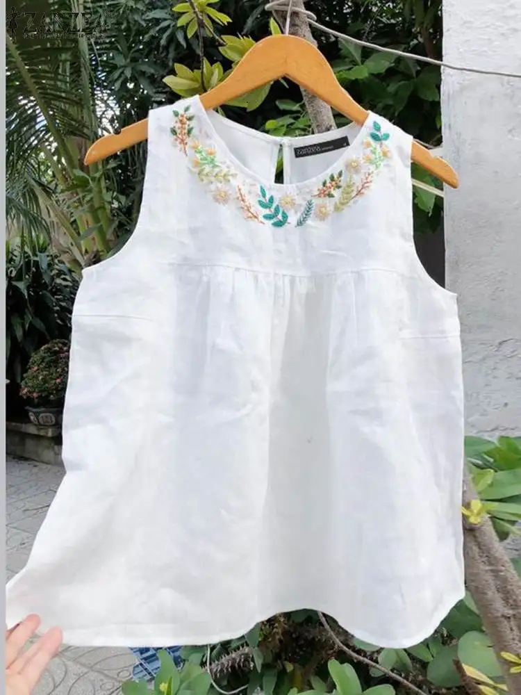 Топы ZANZEA женские с цветочной вышивкой праздничные модные футболки без рукавов