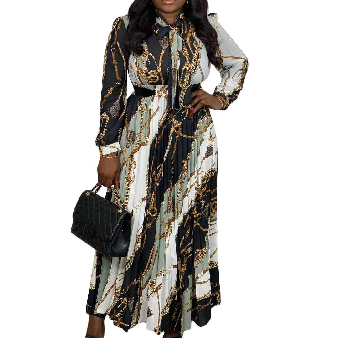 

Long Sleeve Printed Pleated Dress For Women 2022 New Slim Waist Long Dress Lady Elegant Work Office Outfits Robe Maxi Vertidos