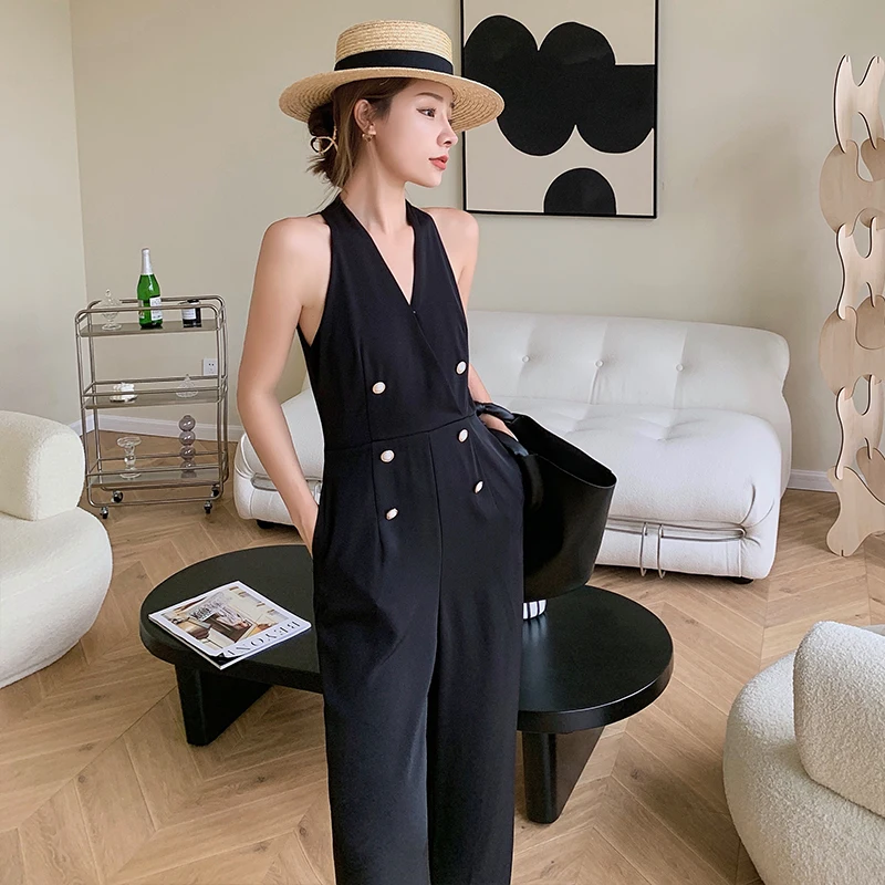 Sleeveless V-neck Hanging Neck Women's Jumpsuit Summer Female Retro Fashion Loose High Waist Slim Casual Wide-leg Pants 2022